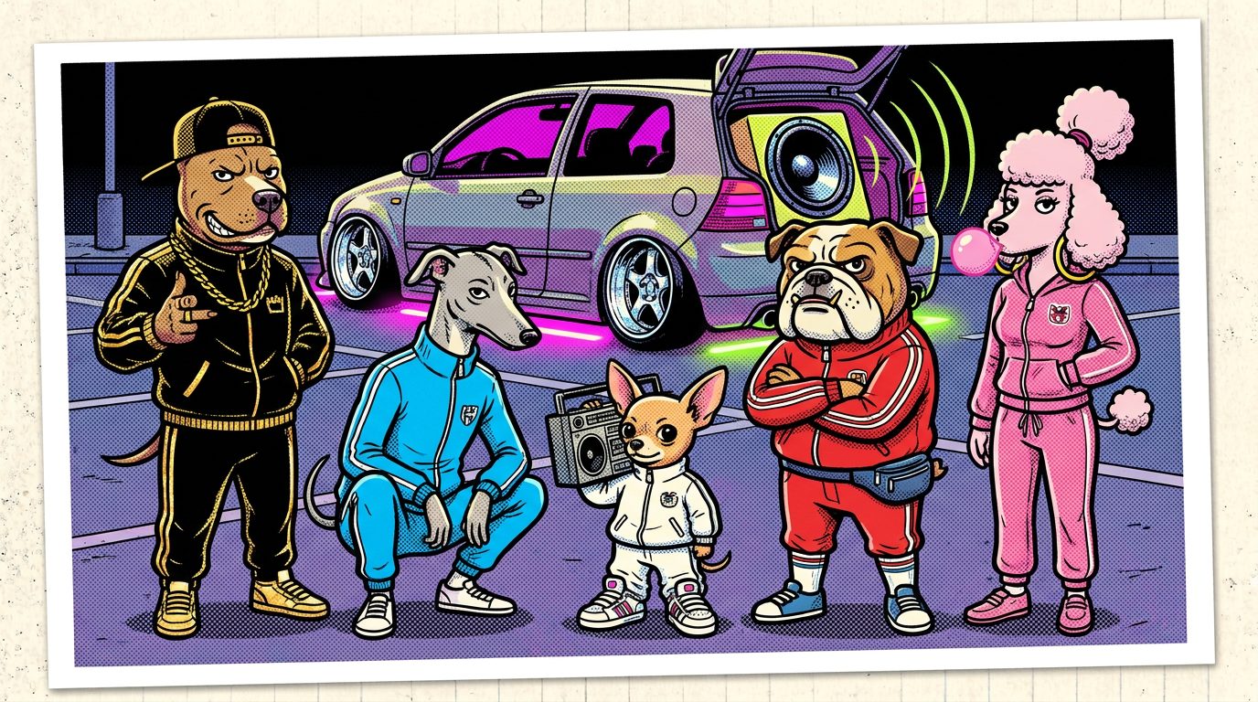 Los canis: pitbull, galgo, chihuahua, bulldog y caniche con chándales junto a un coche tuneado