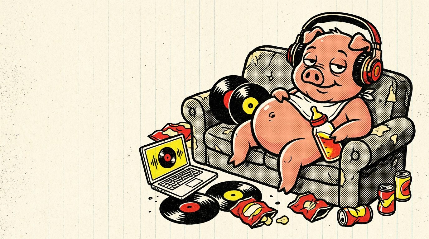 El lechón tirado en el sofá con cascos, vinilos y bolsas de patatas