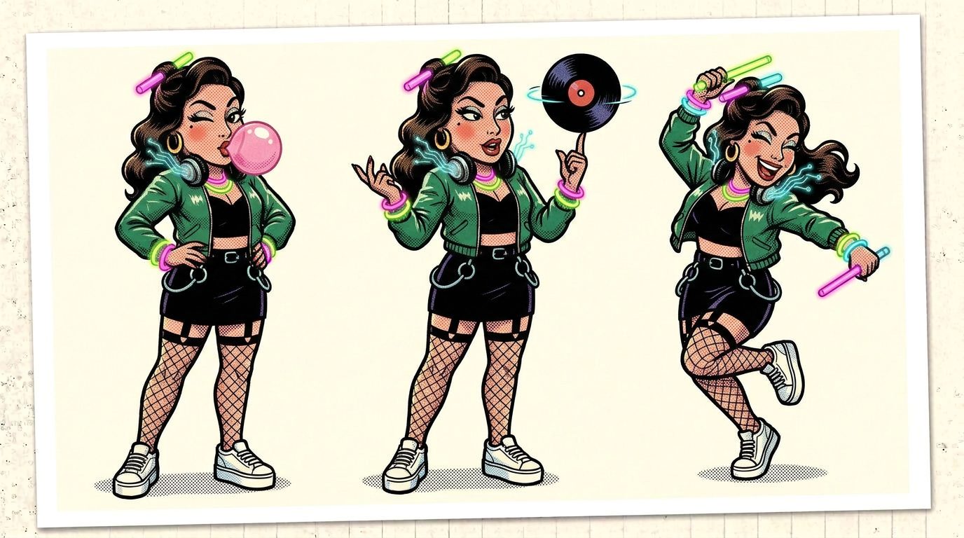Mar IA en tres poses, con bómber verde, minifalda y neones