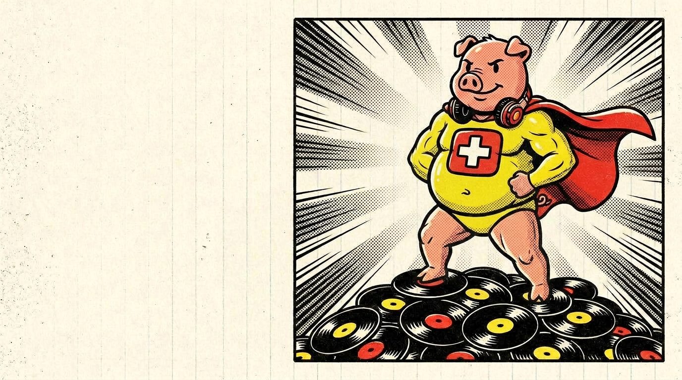 Super Lechón con traje amarillo y capa roja sobre una montaña de vinilos